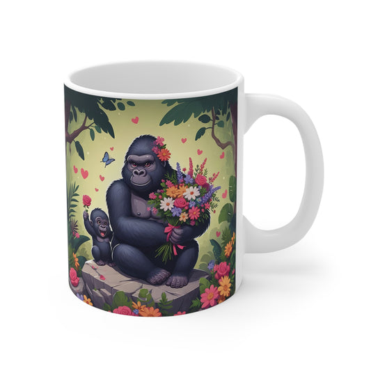 Cute mother gorilla holding a colorful flower bouquet with baby gorilla in a jungle scene printed on a white ceramic mug.