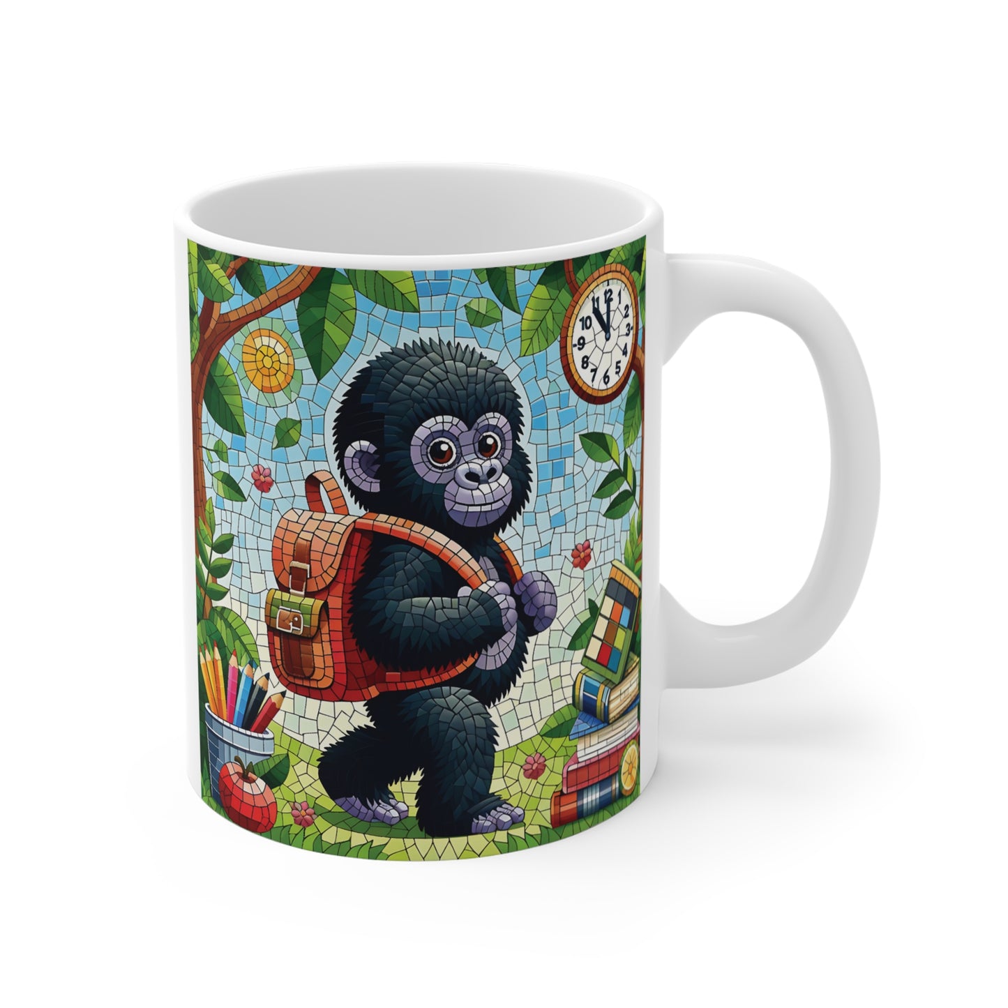 Cute gorilla mosaic art printed on a white coffee mug, featuring a backpack, books, pencils, and classroom elements in a colorful stained-glass style.