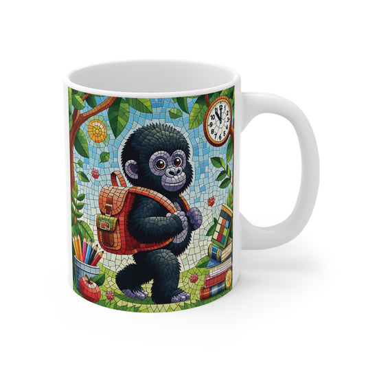Cute gorilla mosaic art printed on a white coffee mug, featuring a backpack, books, pencils, and classroom elements in a colorful stained-glass style.