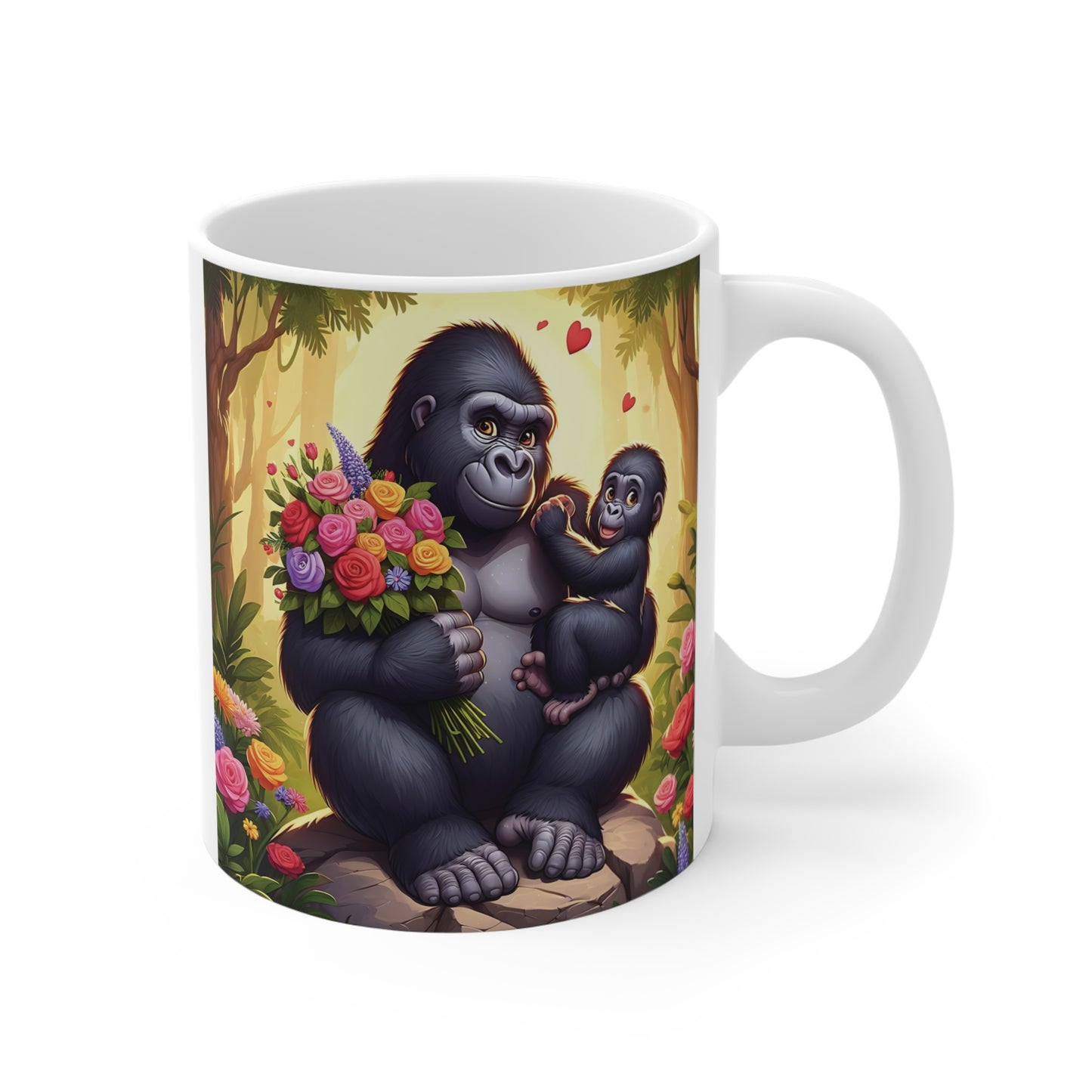 Cute gorilla mother and baby holding colorful flowers on a white ceramic coffee mug, adorable jungle animal mug gift for moms and animal lovers.