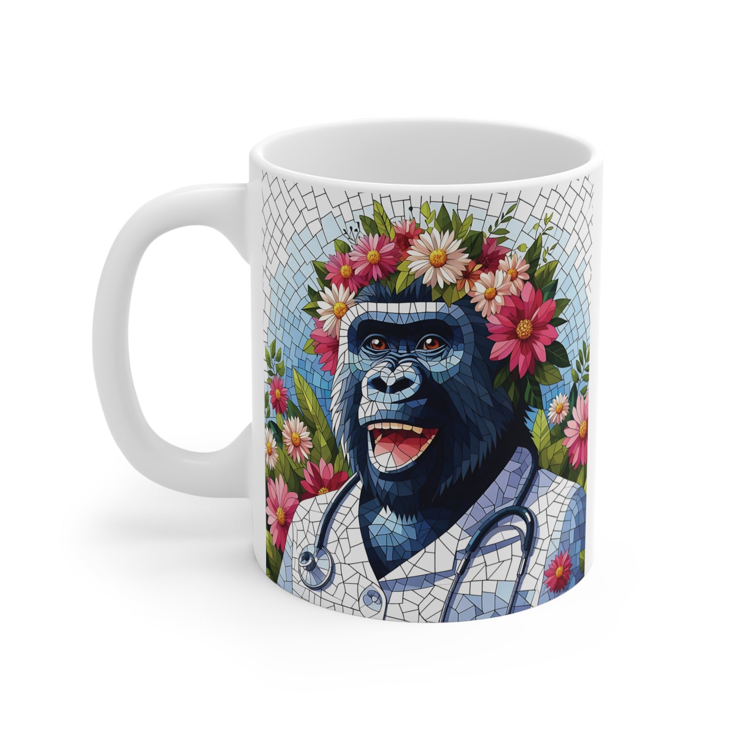 Unique healthcare-themed coffee mug with smiling gorilla nurse, flower crown, stethoscope, and decorative mosaic background.