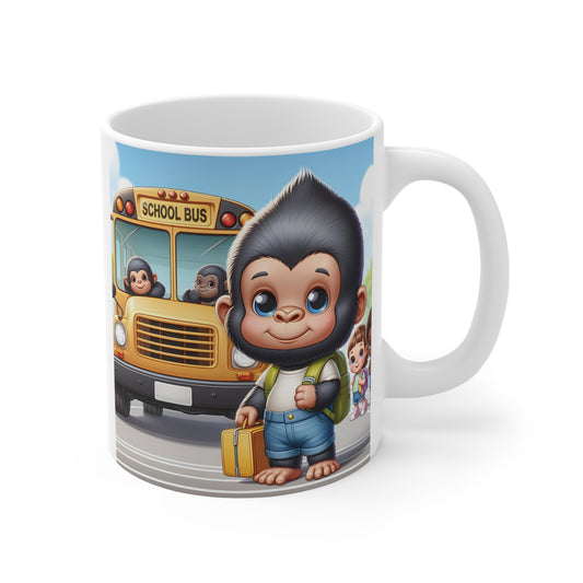 Adorable cartoon gorilla student with a backpack and book standing in front of a yellow school bus, printed on a cheerful coffee mug.