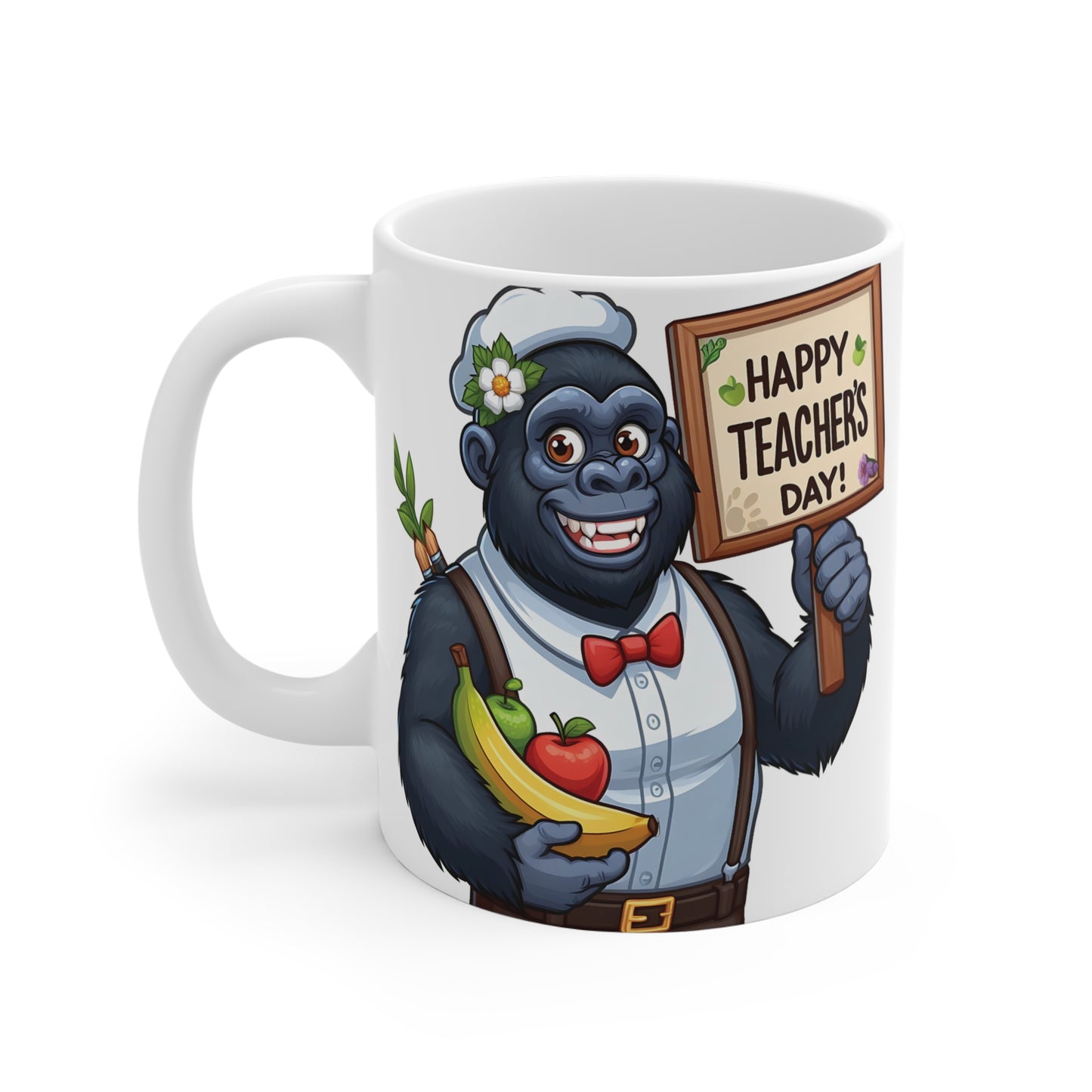 Teacher appreciation coffee mug with a cheerful gorilla character carrying apples and a banana while displaying a Happy Teachers Day message.