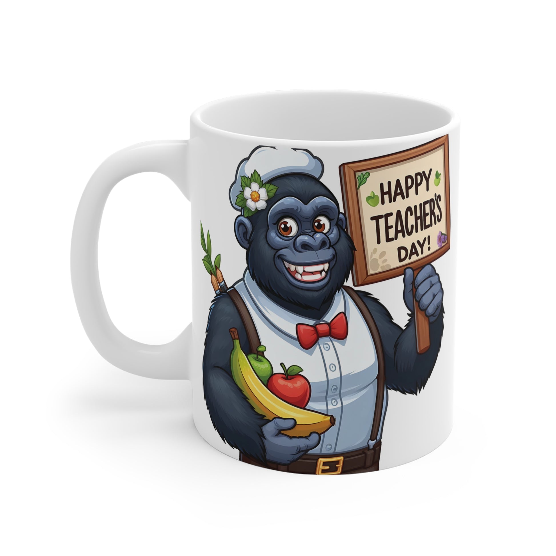 Teacher appreciation coffee mug with a cheerful gorilla character carrying apples and a banana while displaying a Happy Teachers Day message.