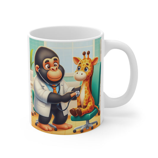 Cute gorilla doctor checking giraffe with stethoscope, cartoon animal hospital scene on white coffee mug