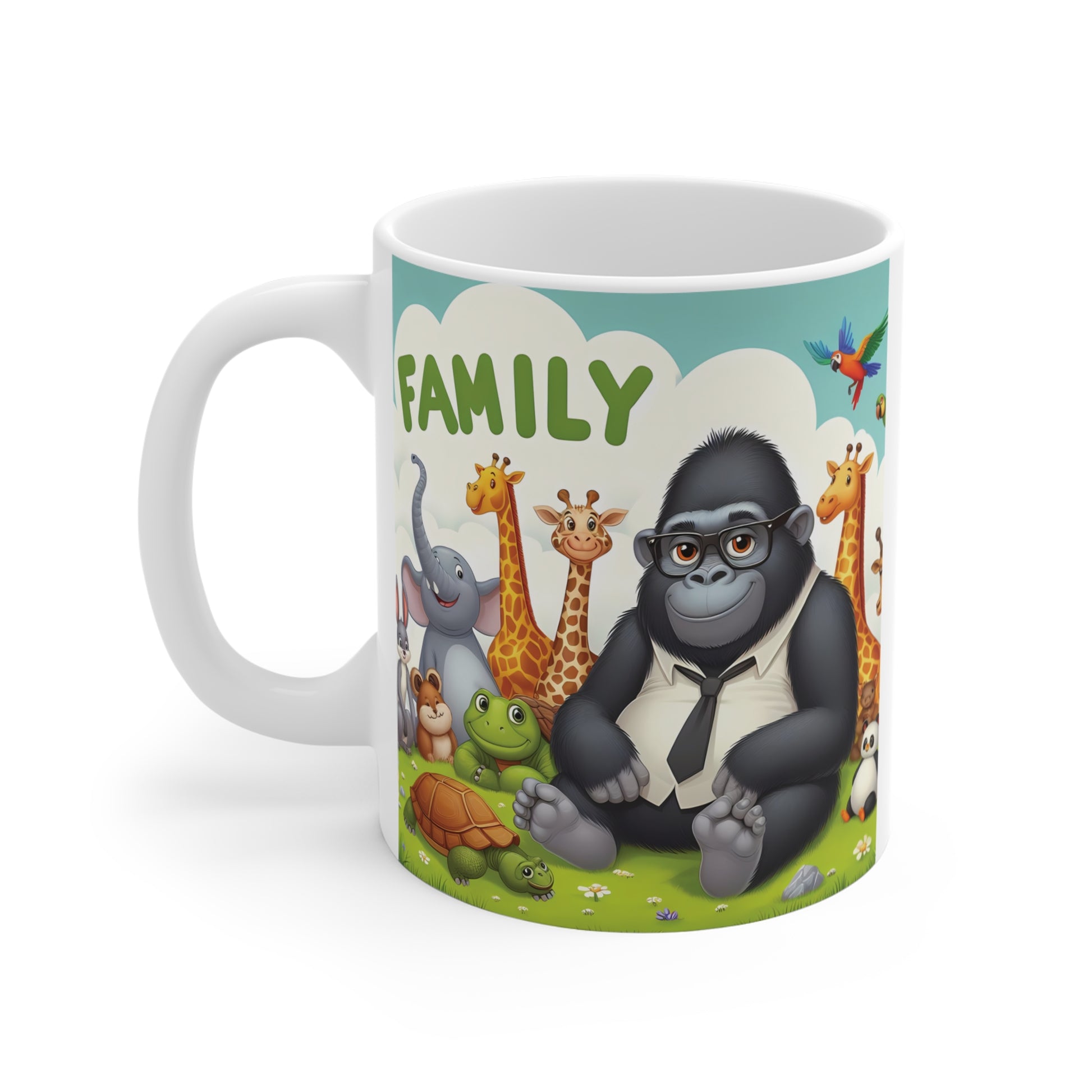 Whimsical animal family mug showing a gorilla alongside giraffes, an elephant, a turtle, a frog, and tropical birds, designed for family and animal lovers.