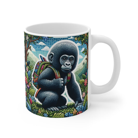 A white ceramic mug featuring a colorful printed illustration of a black-and-white gorilla wearing a rainbow backpack, set against a lush jungle background.