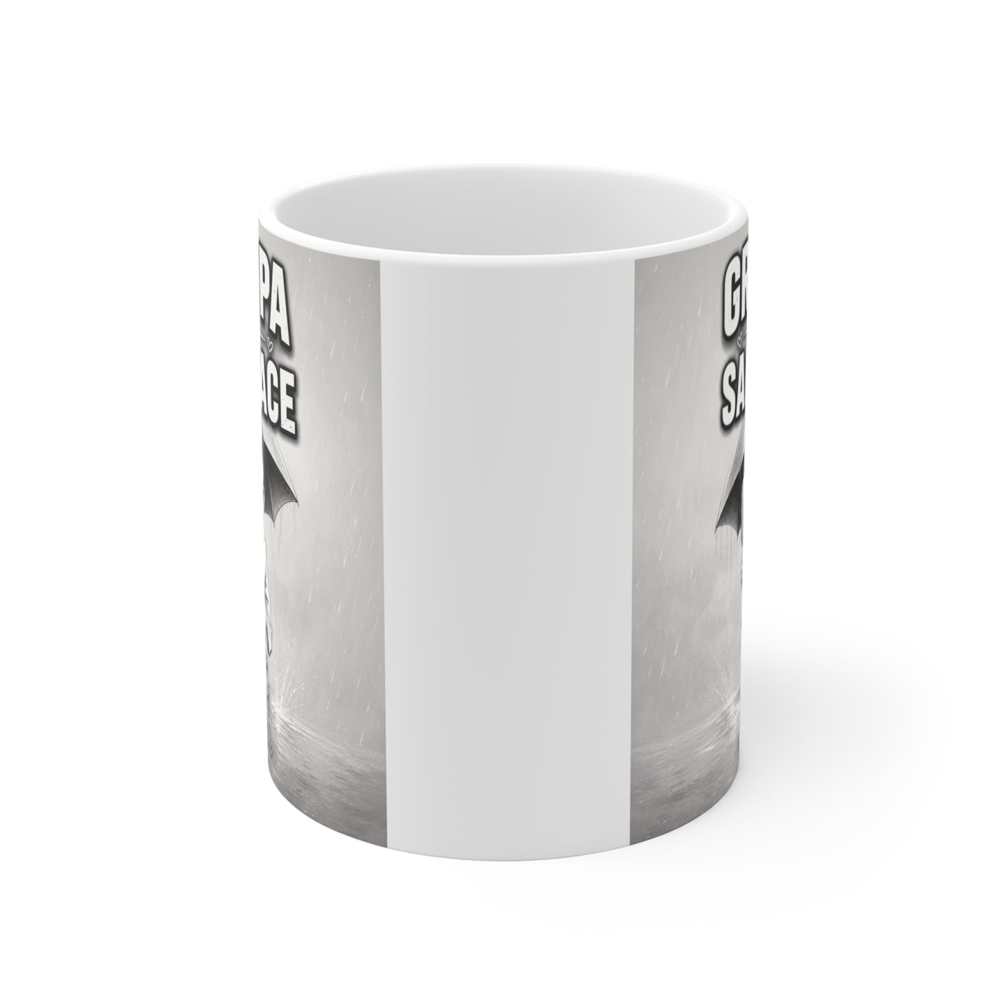 Black and white illustrated coffee mug for grandpa featuring a heartwarming grandfather and grandchild design with emotional family quote.