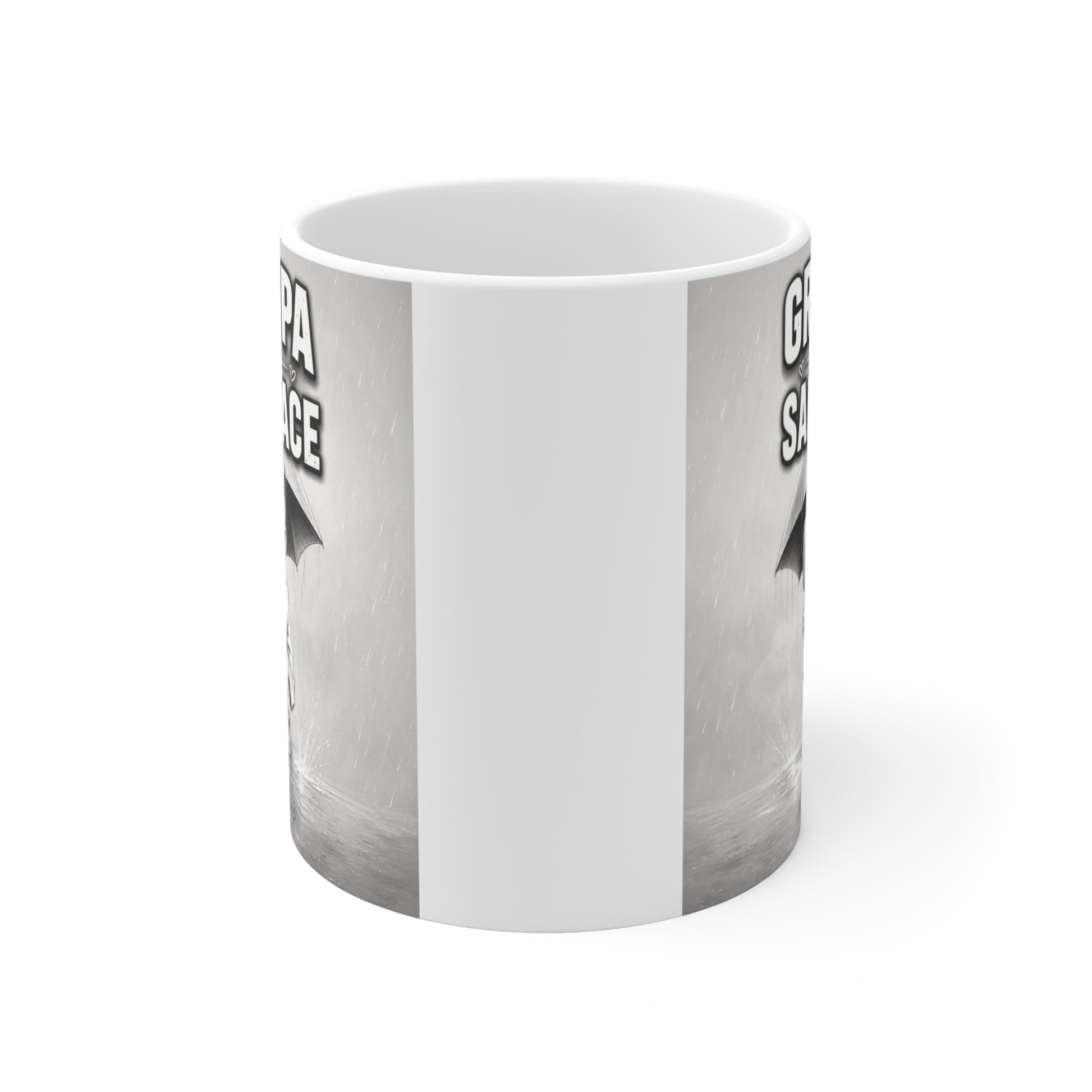 Black and white illustrated coffee mug for grandpa featuring a heartwarming grandfather and grandchild design with emotional family quote.