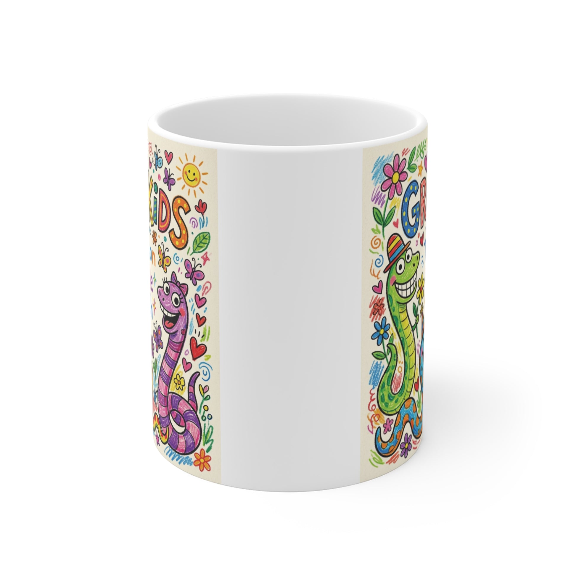 Whimsical grandparents coffee mug featuring colorful snake illustrations and the quote Grandkids The Reason We Smile So Much.