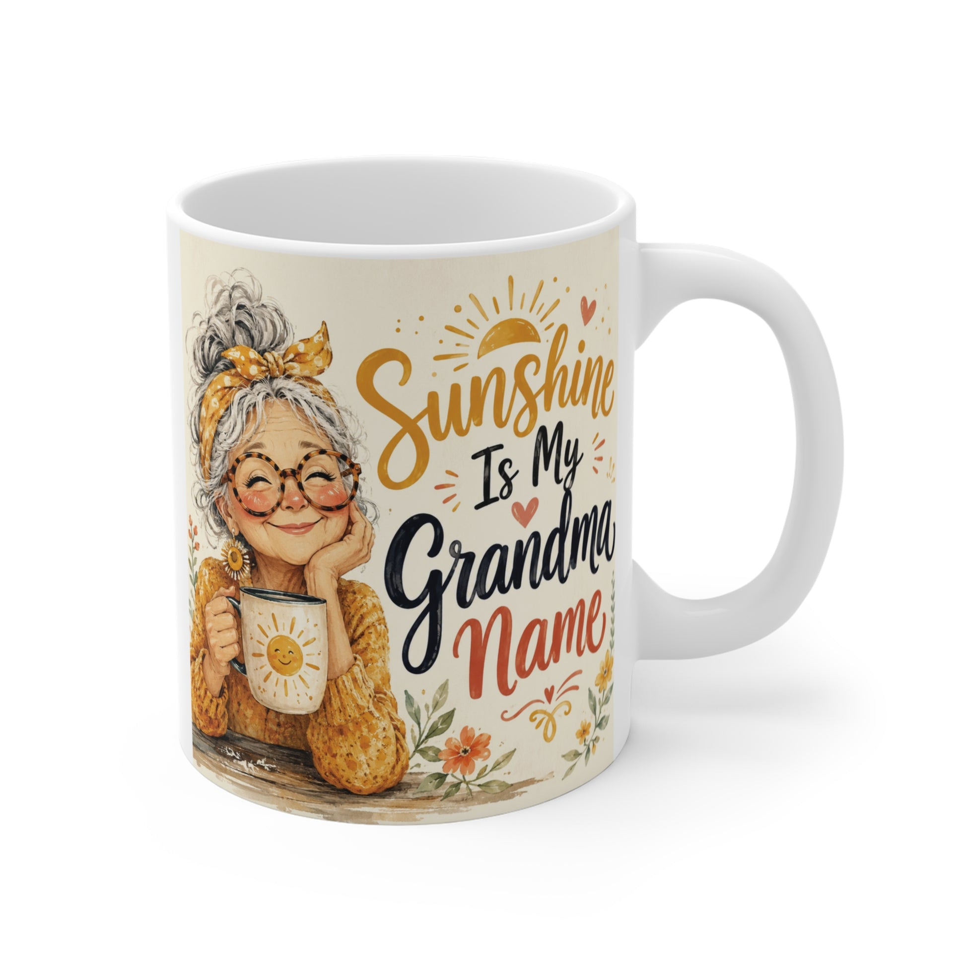 Sunshine Is My Grandma Name 11oz ceramic coffee mug featuring a cute watercolor grandma with floral accents.