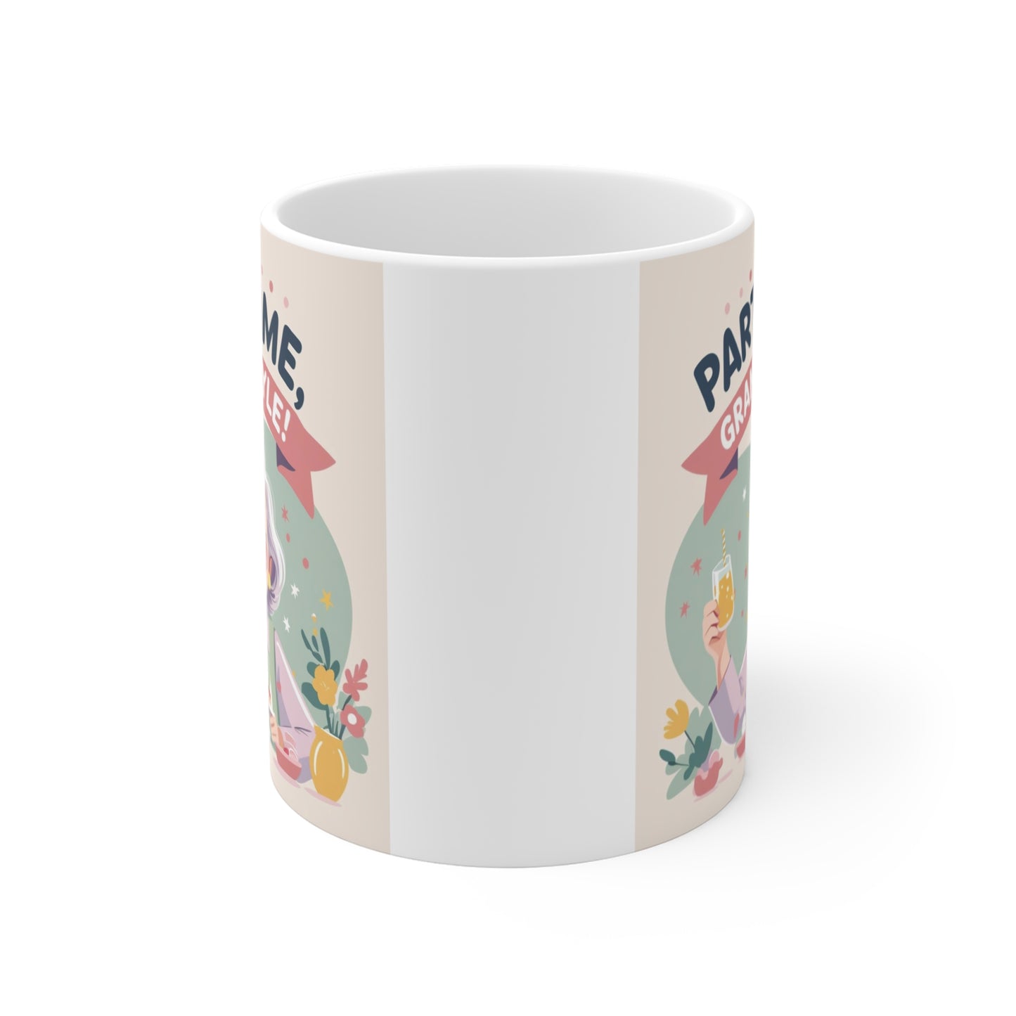 Cute grandma coffee mug with colorful Party Time Granny Style design, ideal gift for Nana, Granny, and Grandmother.