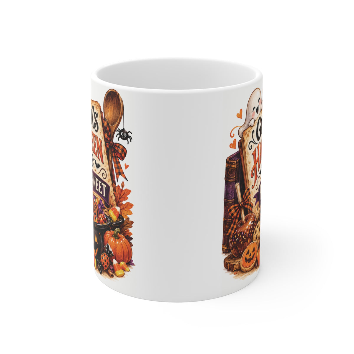 Cute Grandma Halloween coffee mug featuring Extra Sweet typography, jack-o’-lantern cauldron, pumpkins, cookies and Halloween candy.