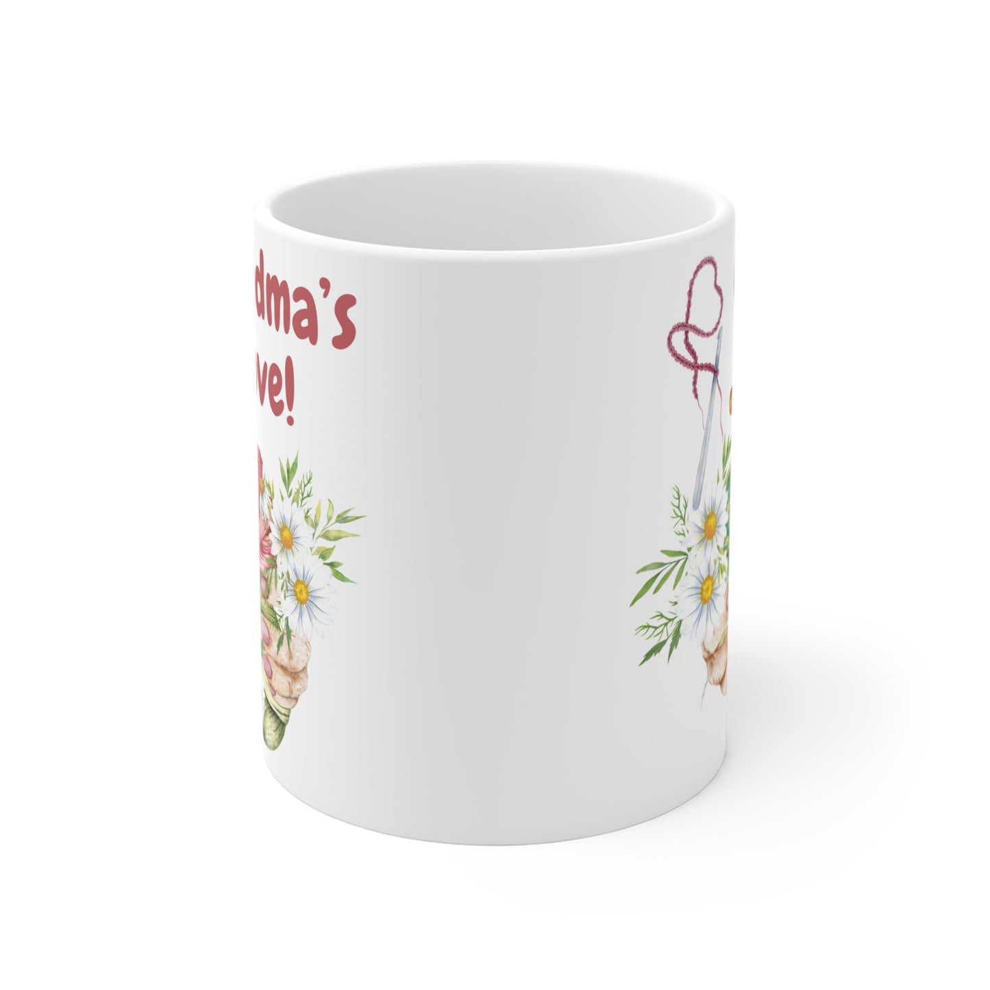 Floral knitting-themed Grandma's Love coffee mug with yarn basket illustration, perfect gift for grandma.
