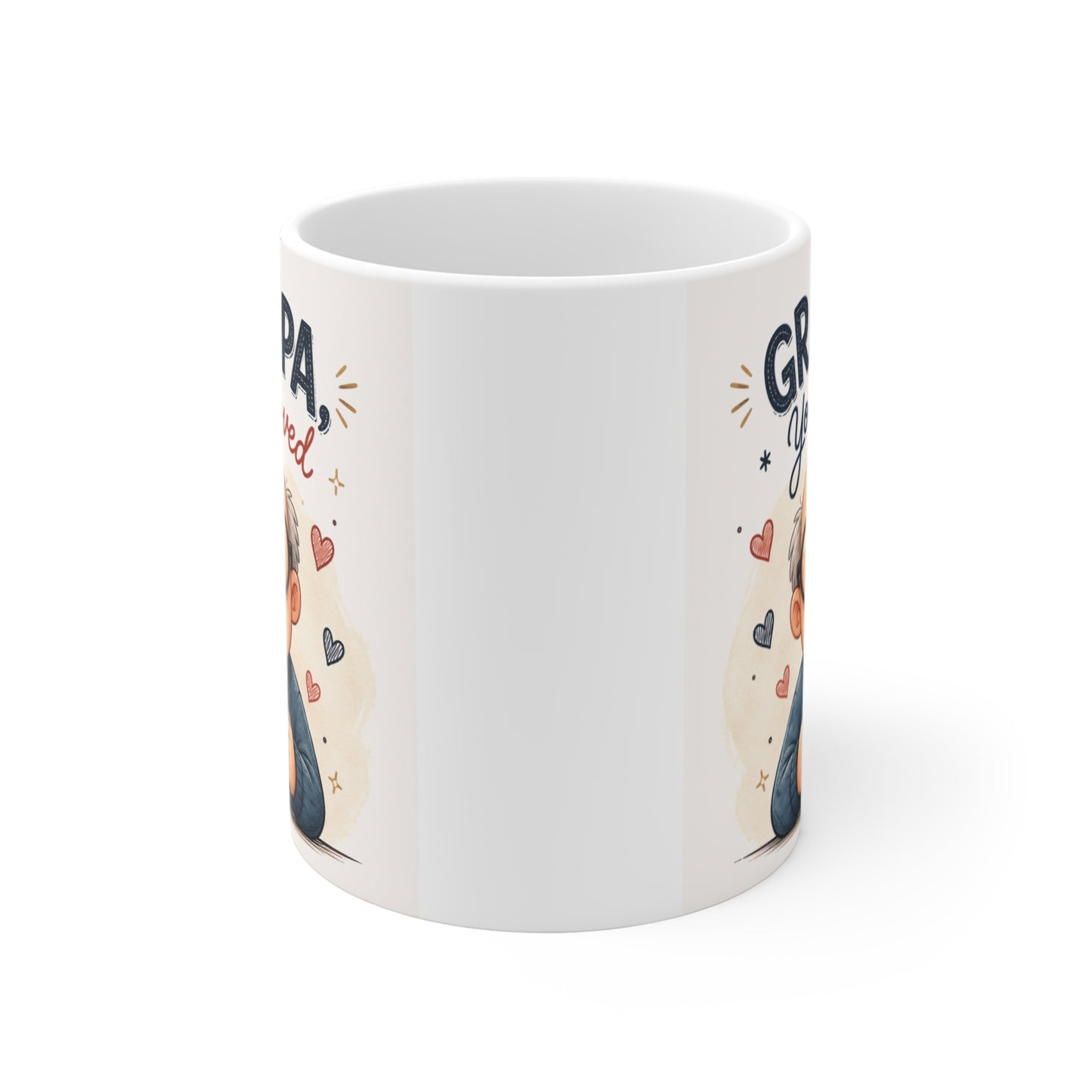 Heartwarming Grandpa coffee mug featuring a smiling grandfather illustration and "Grandpa, You're Loved" message, perfect gift for Father's Day or birthdays.