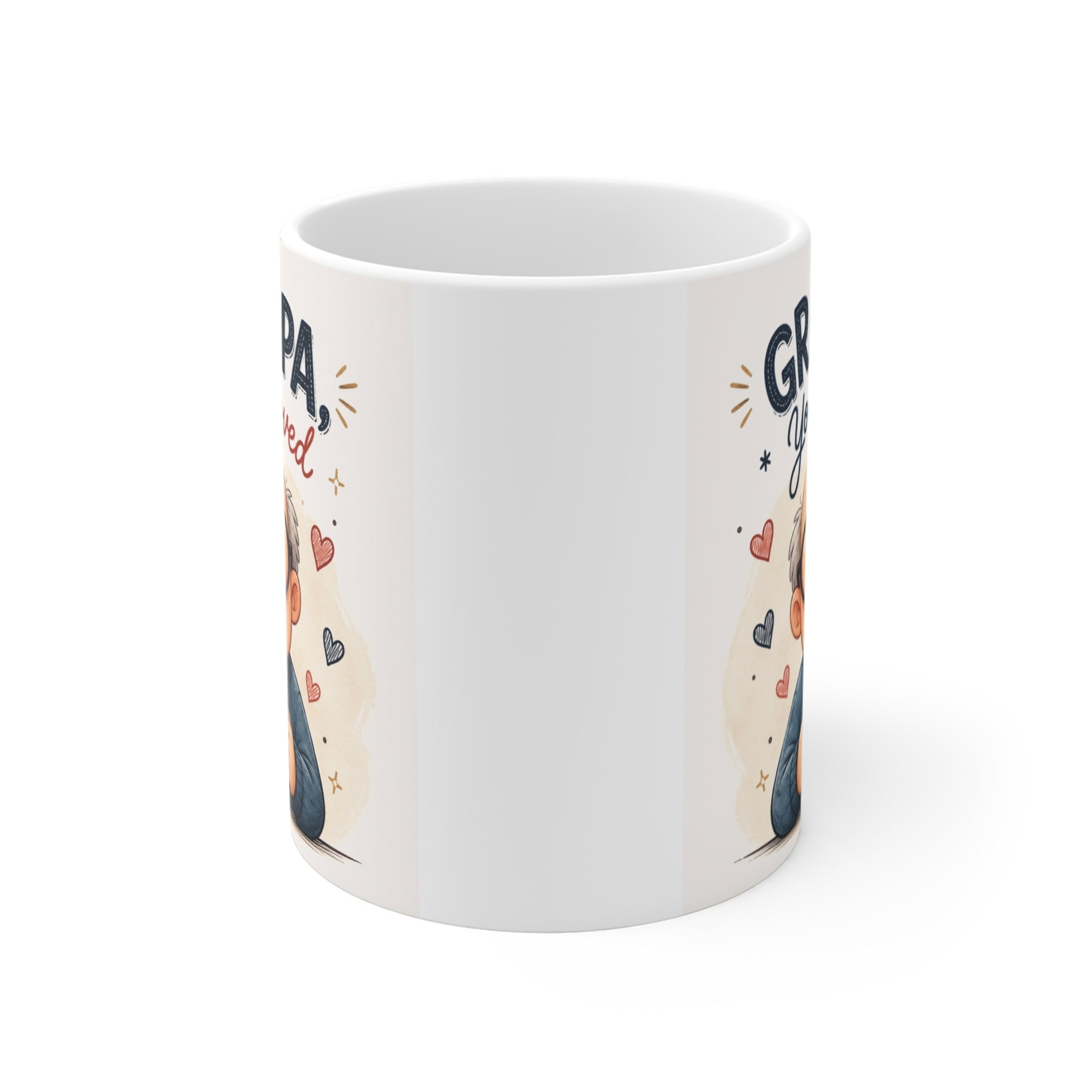 Heartwarming Grandpa coffee mug featuring a smiling grandfather illustration and "Grandpa, You're Loved" message, perfect gift for Father's Day or birthdays.