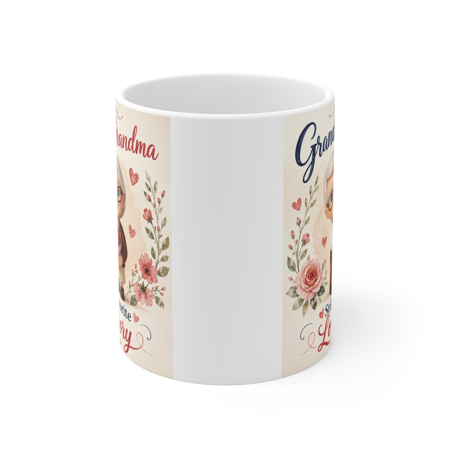 Grandparents anniversary coffee mug with adorable grandma and grandpa artwork holding flowers and romantic love story quote.