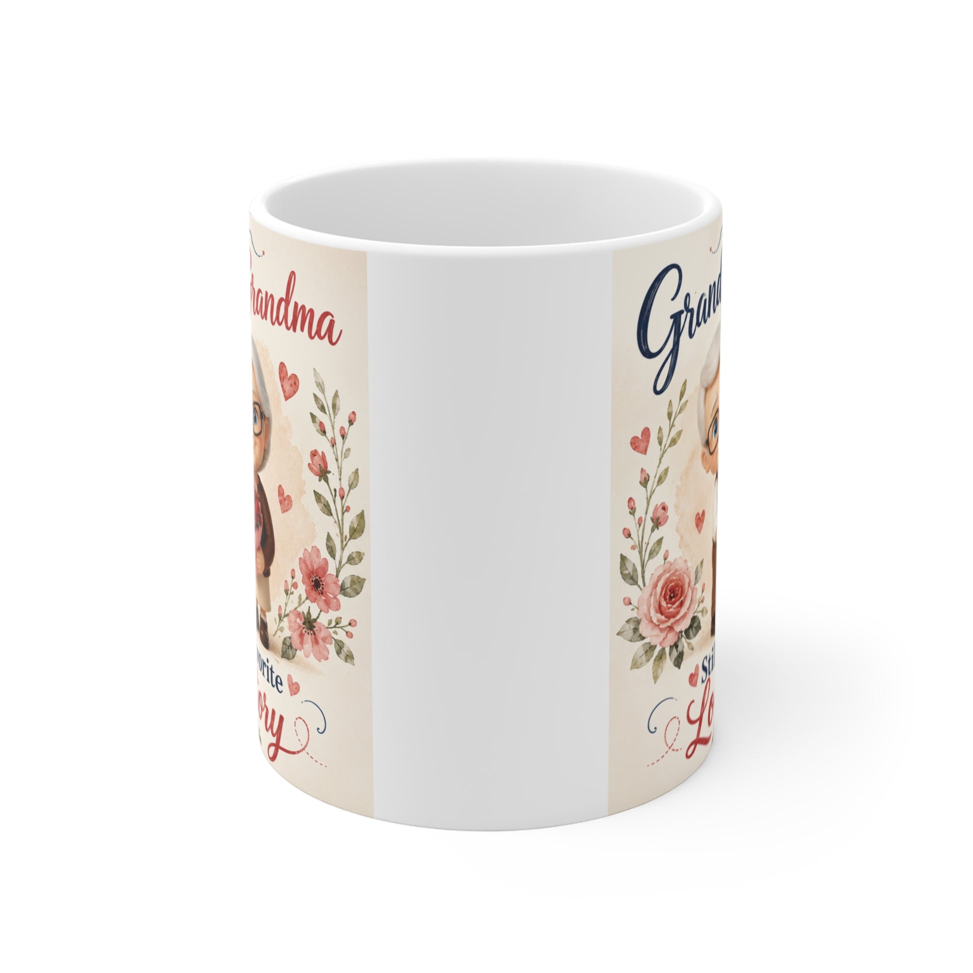 Grandparents anniversary coffee mug with adorable grandma and grandpa artwork holding flowers and romantic love story quote.