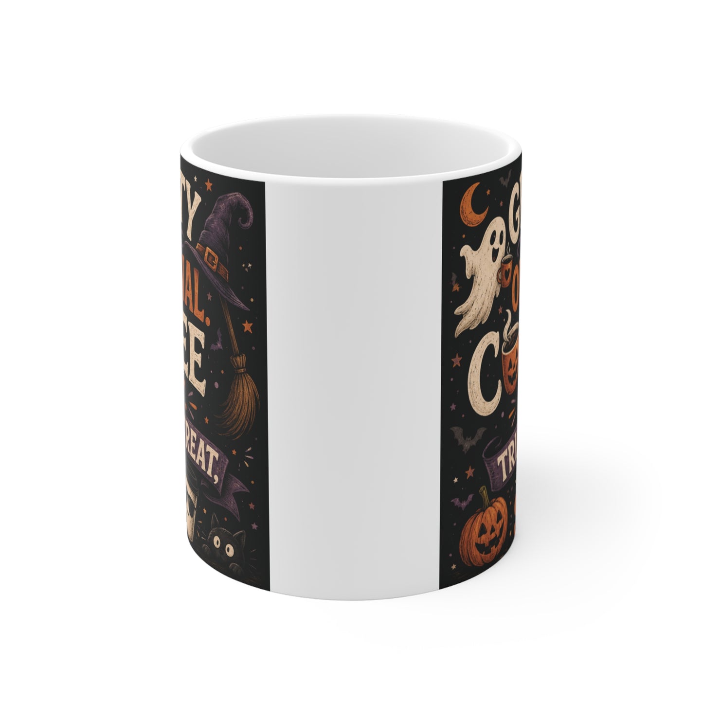 Funny Halloween coffee mug with a black and orange graphic design featuring ghosts, pumpkin coffee cups, and spooky typography on a white 11oz mug.