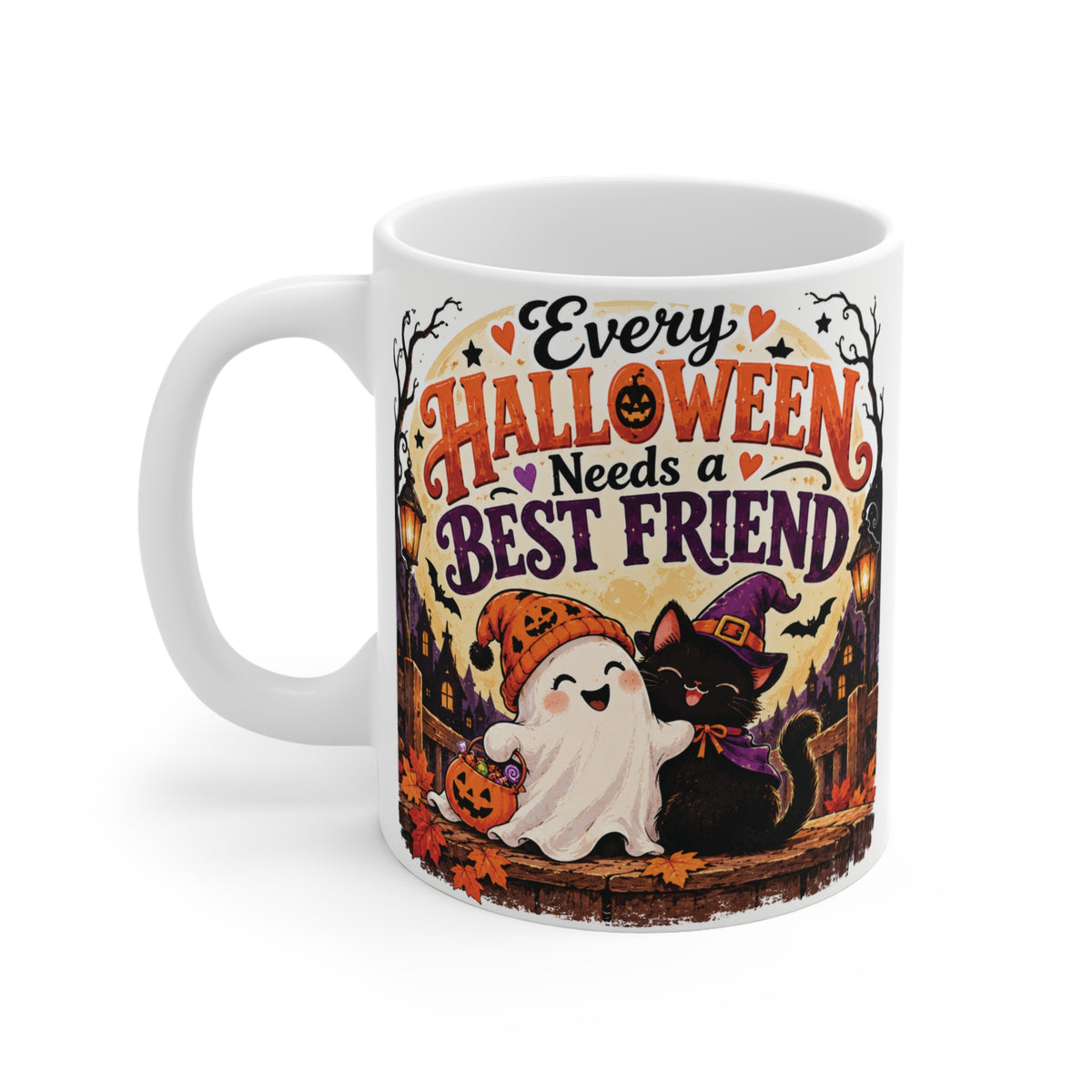 Cute Halloween friendship 11oz mug featuring a friendly ghost and black cat with pumpkins, a spooky season gift idea for best friends and BFFs.