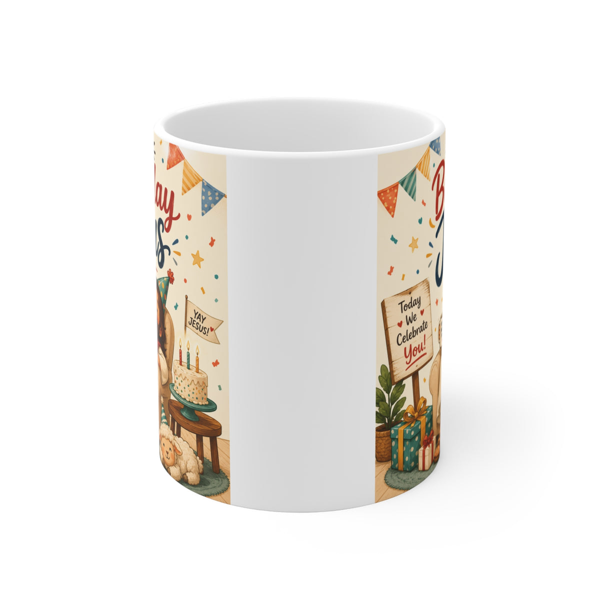 Cute Happy Birthday Jesus Christmas mug featuring a colorful festive illustration and small party decorations on an 11oz coffee cup.