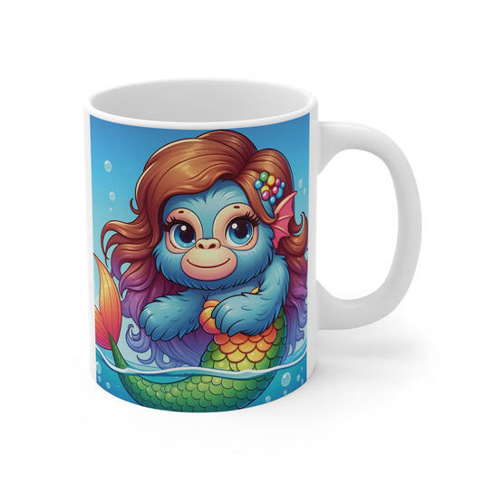 Cute blue gorilla mermaid with large eyes, colorful flowing hair, and a rainbow-scaled tail swimming underwater, featured on a ceramic coffee mug.
