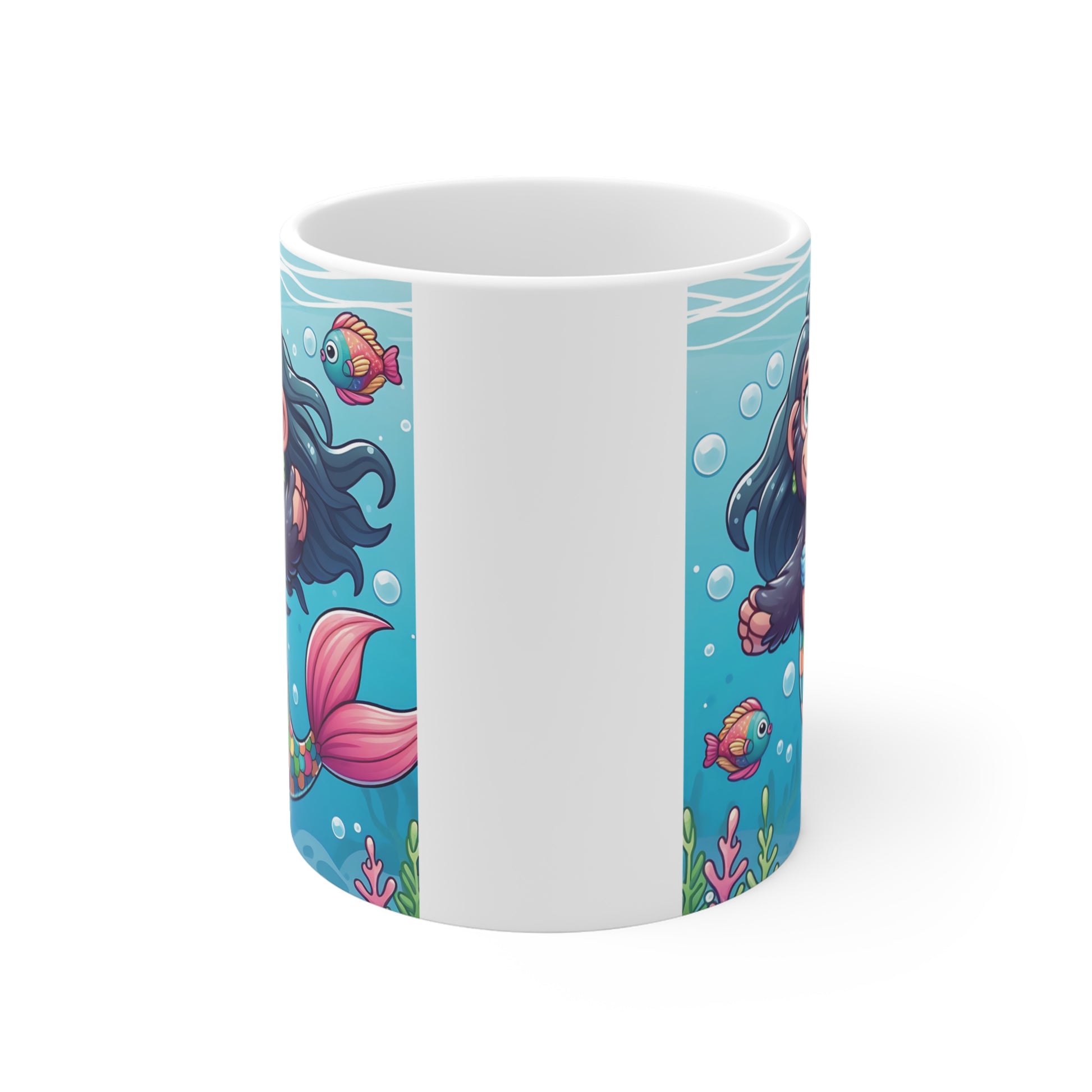 Adorable monkey mermaid character with blue flowing hair, rainbow fish tail, and ocean background featured on a ceramic coffee mug.