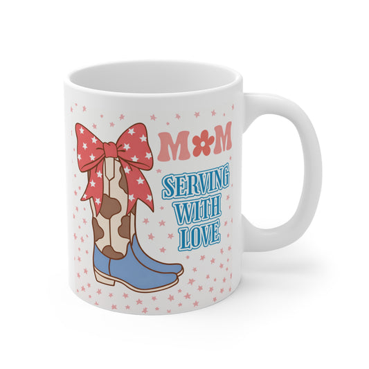 Cute mom mug with “Mom Serving With Love” quote, featuring pink bow cowgirl boots and tiny star background, 11oz ceramic coffee cup gift for mom