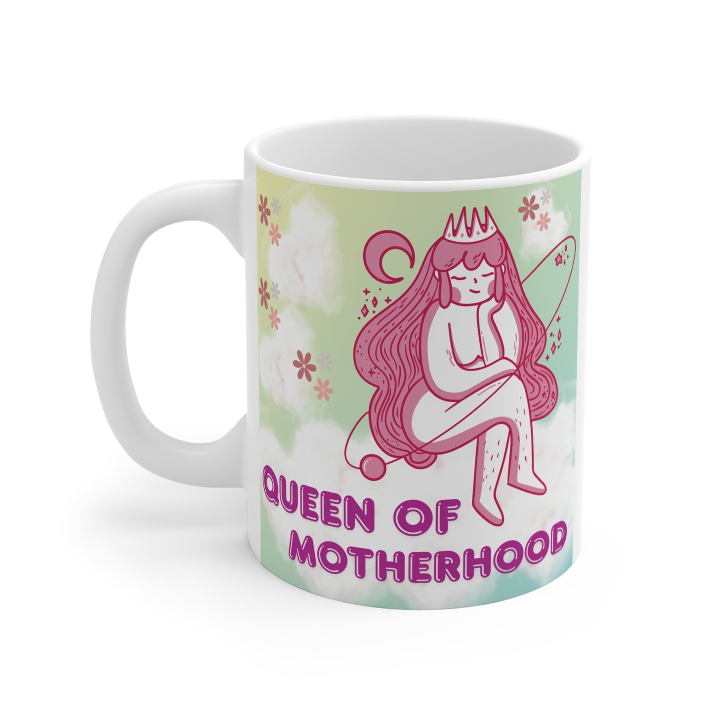 Queen of Motherhood mug with cute fairy queen illustration, pastel background and floral accents, perfect gift for mom