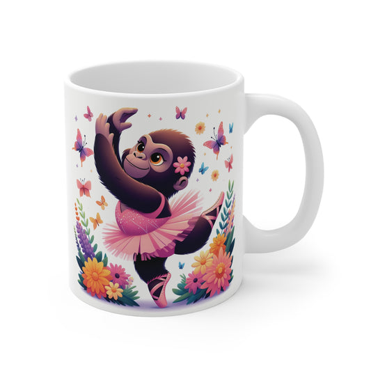 Cute ballerina gorilla dancing in a pink tutu surrounded by flowers and butterflies on a white ceramic mug, adorable ballet animal coffee cup gift.
