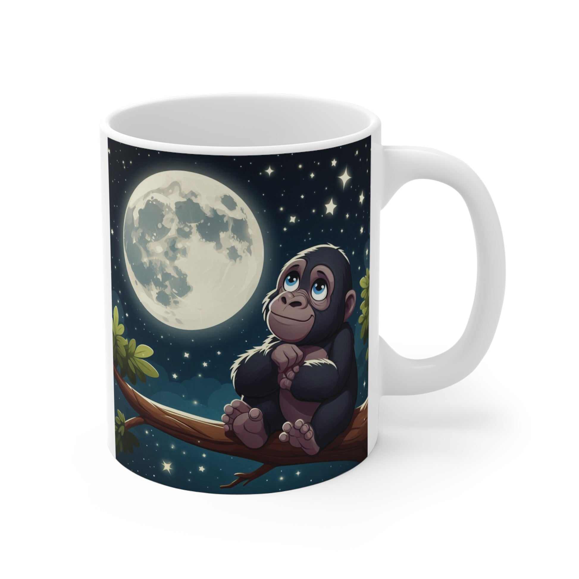 Cute gorilla sitting under a full moon on an 11oz ceramic coffee mug with cozy night sky design