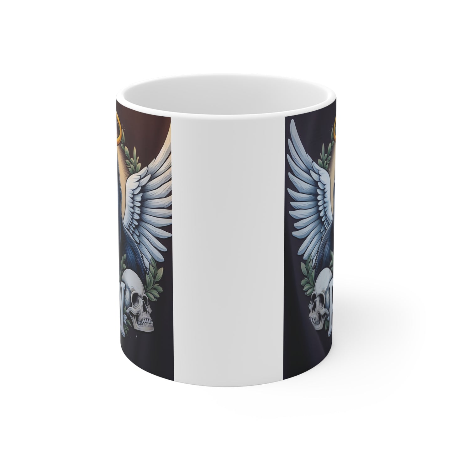 Cool gorilla “Pray” ceramic mug featuring angel wings, dark fantasy artwork, and spiritual ape illustration