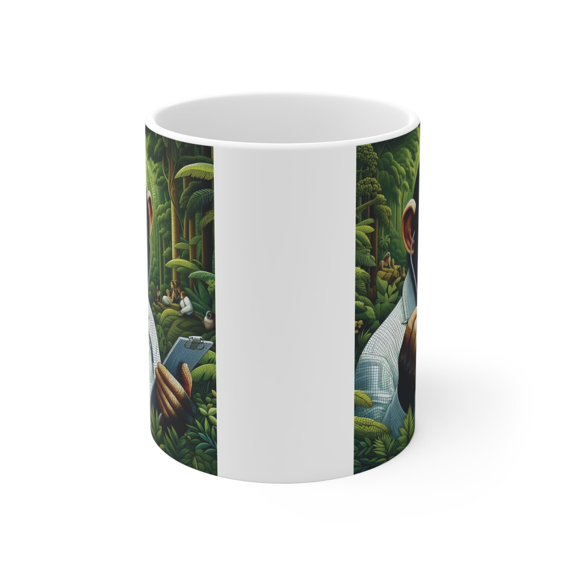 Artistic chimp doctor illustration on a white mug, showing a monkey in a lab coat with a stethoscope surrounded by tropical rainforest scenery.