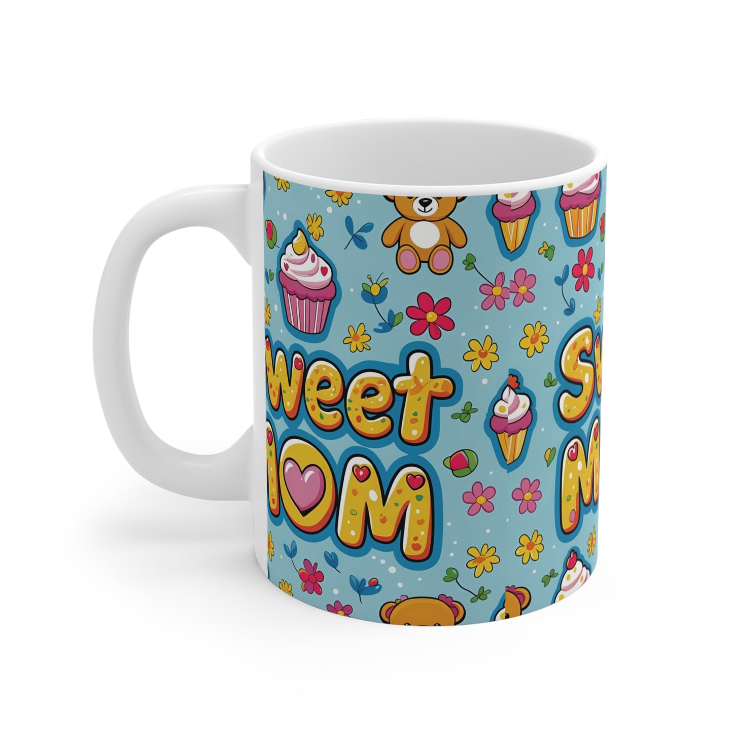Cute coffee mug for mom with colorful cupcake pattern and flowers