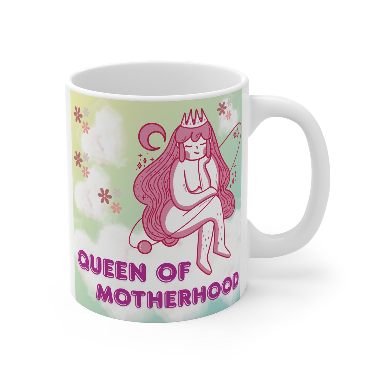Cute mom gift mug design with fairy queen illustration, soft pastel colors and empowering motherhood quote