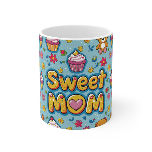 Sweet Mom 11oz mug with cupcake and floral wrap around design