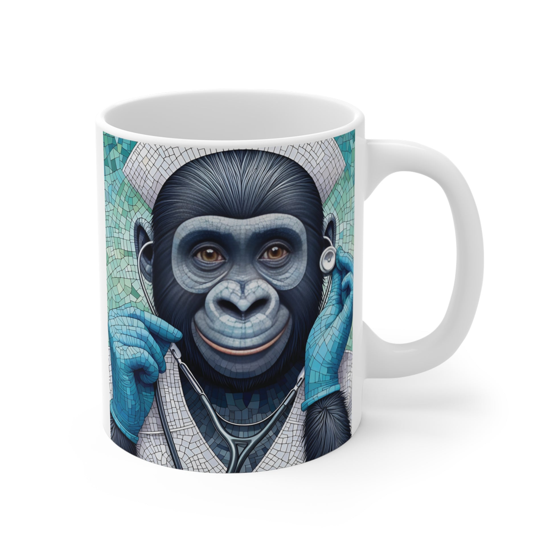 Mosaic gorilla doctor wearing a stethoscope on a white ceramic coffee mug, colorful healthcare-themed artwork for medical professionals.