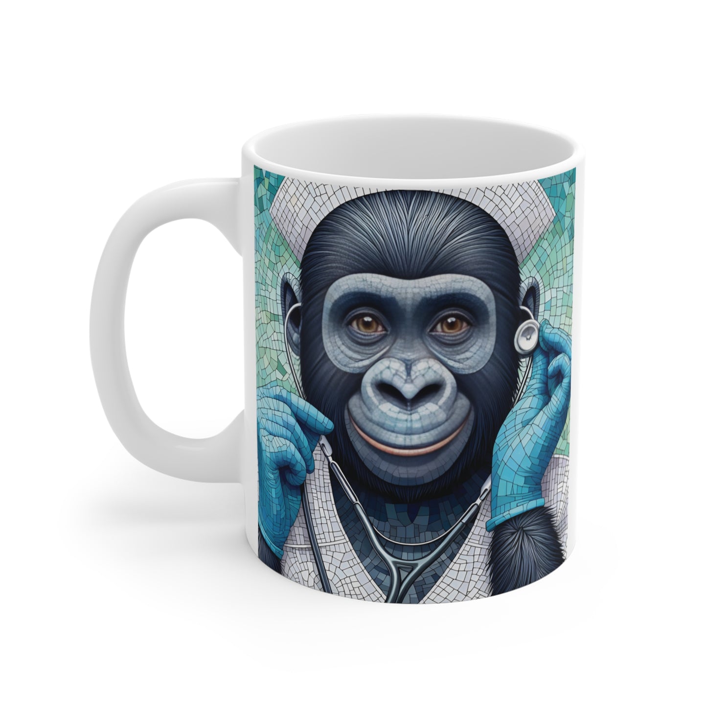 Artistic blue mosaic gorilla medical professional listening through a stethoscope on a ceramic mug, perfect appreciation gift for healthcare workers, physicians, and nurses.