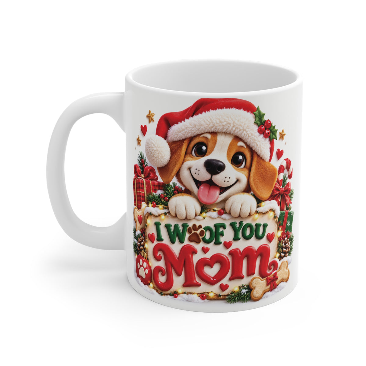 Adorable puppy Christmas coffee mug featuring a cute brown dog in a red Santa hat, colorful holiday decorations and I Woof You Mom message for dog lovers.