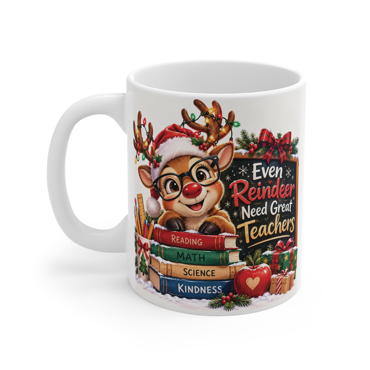 Festive white ceramic Christmas teacher mug featuring a cheerful cartoon reindeer surrounded by holiday decorations, colorful books, and a teacher appreciation message.