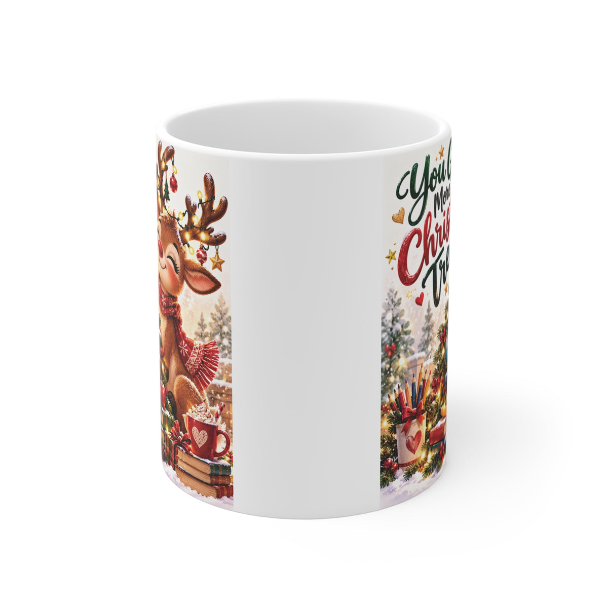 Adorable reindeer Christmas mug with colorful holiday decorations, Christmas trees, and a heartwarming growth message, perfect for festive coffee moments.