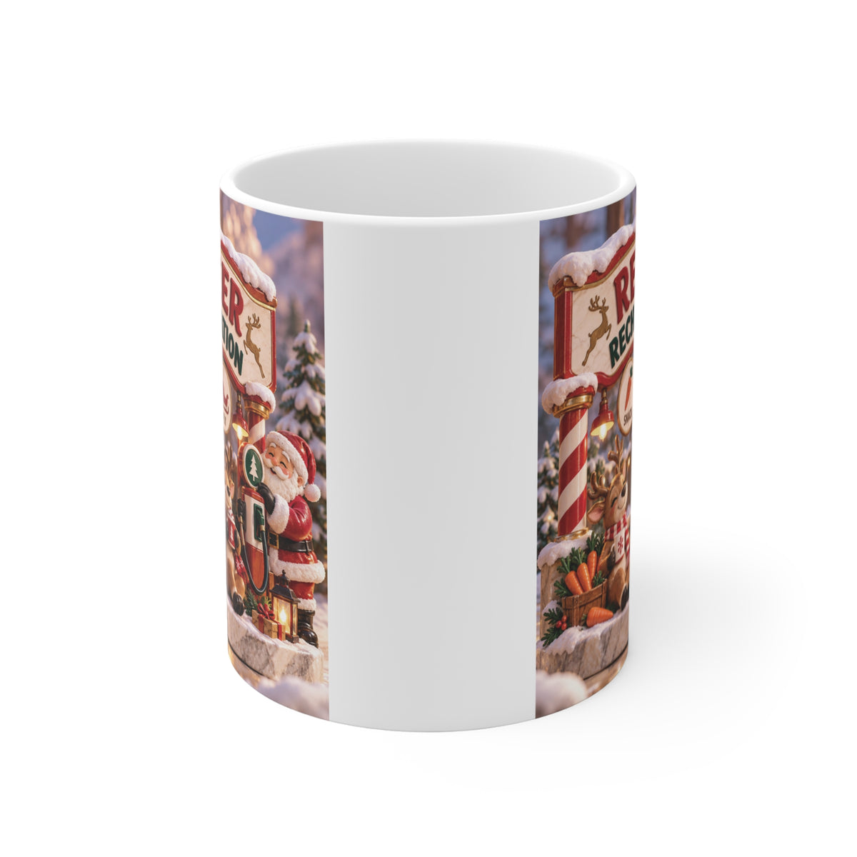 Cute reindeer Christmas coffee mug with Reindeer Recharge Station design, festive decorations and cozy woodland holiday artwork.