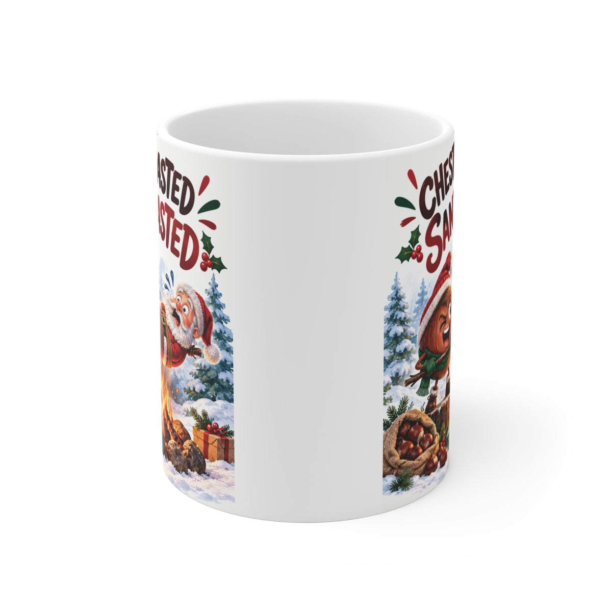 Cute Santa Christmas coffee mug with a mischievous cartoon chestnut, snowy trees and festive campfire artwork, funny 11oz holiday gift.