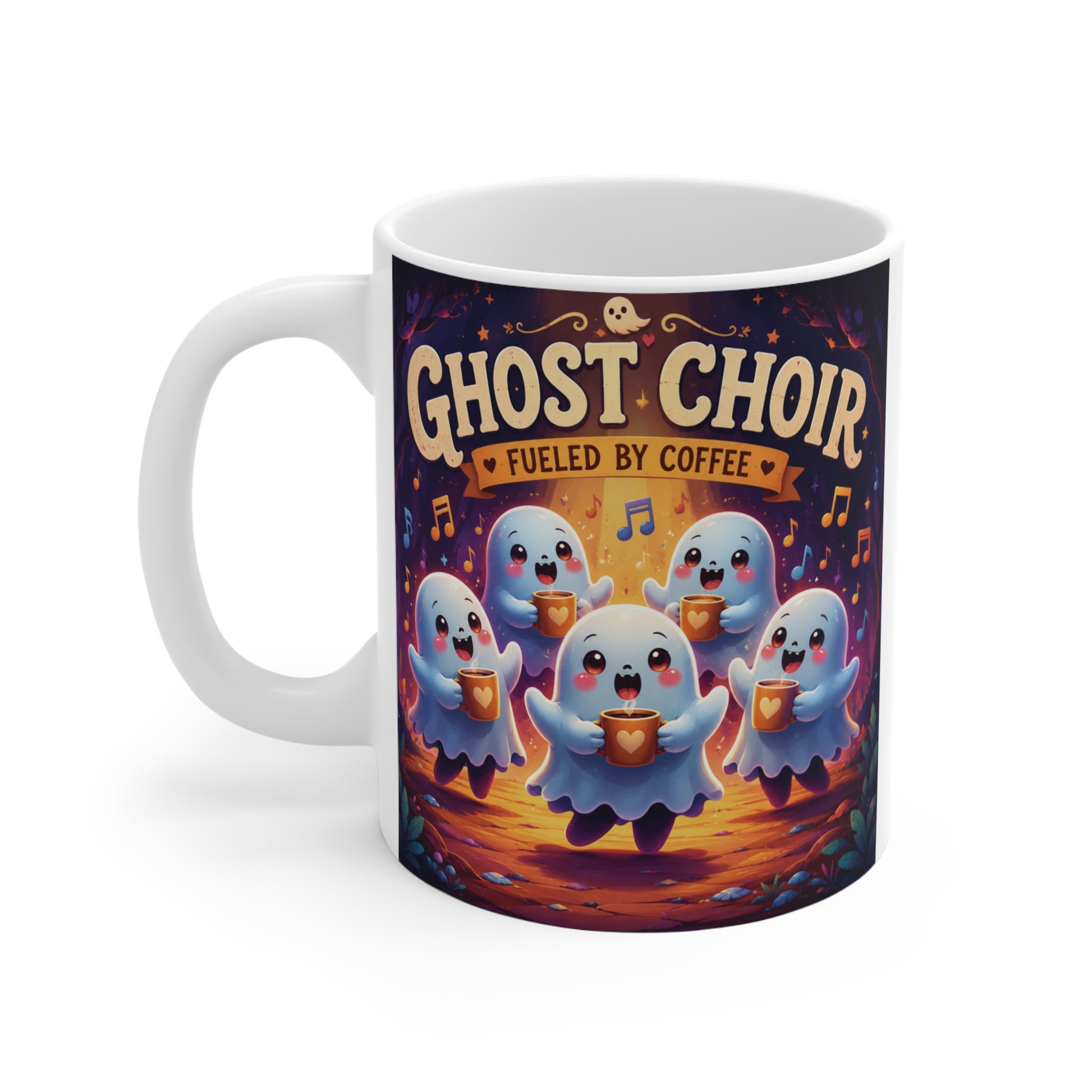 Funny Ghost Choir coffee mug with cute singing ghosts and the phrase "Ghost Choir Fueled by Coffee," a whimsical 11oz ceramic mug for spooky season, fall décor, ghost lovers, choir members, and coffee enthusiasts.