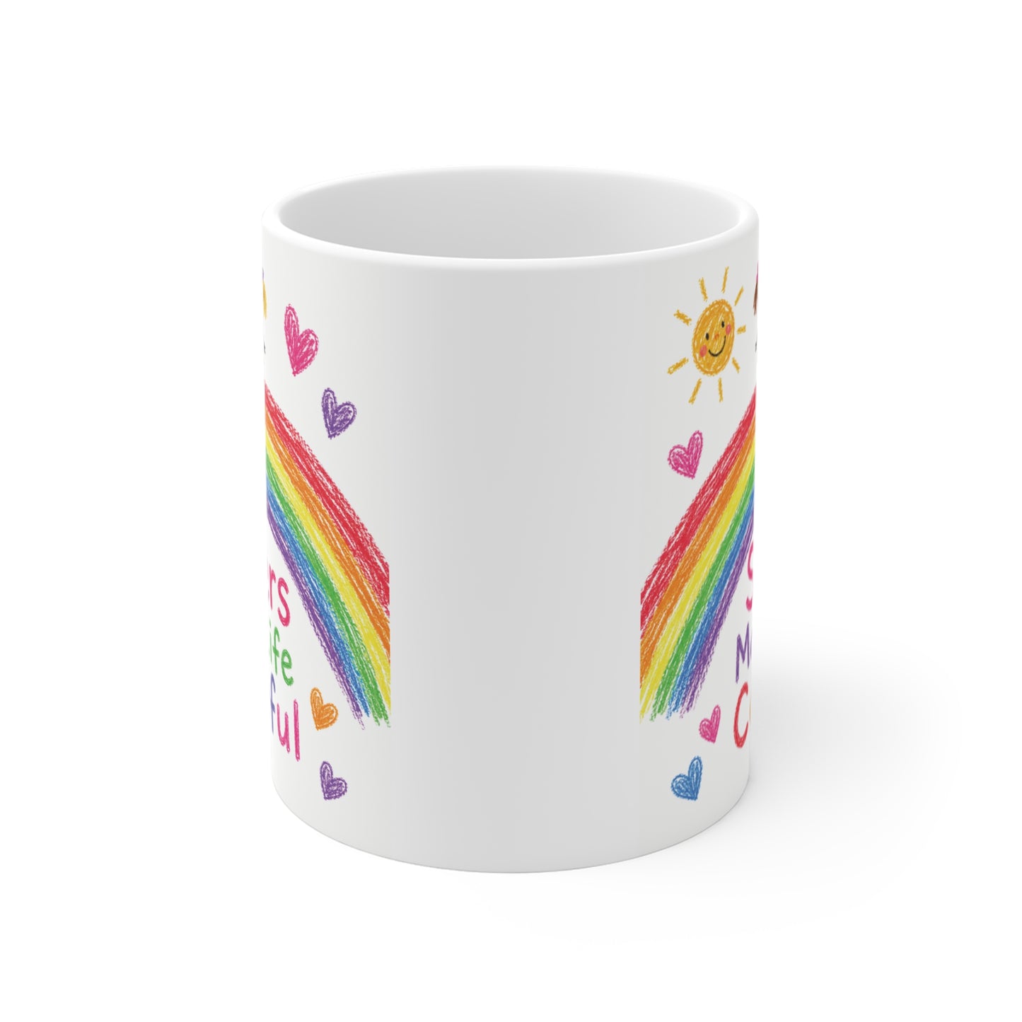 Cute rainbow sister coffee mug with colorful artwork and "Sisters Make Life Colorful" message, perfect as a birthday or Christmas gift.