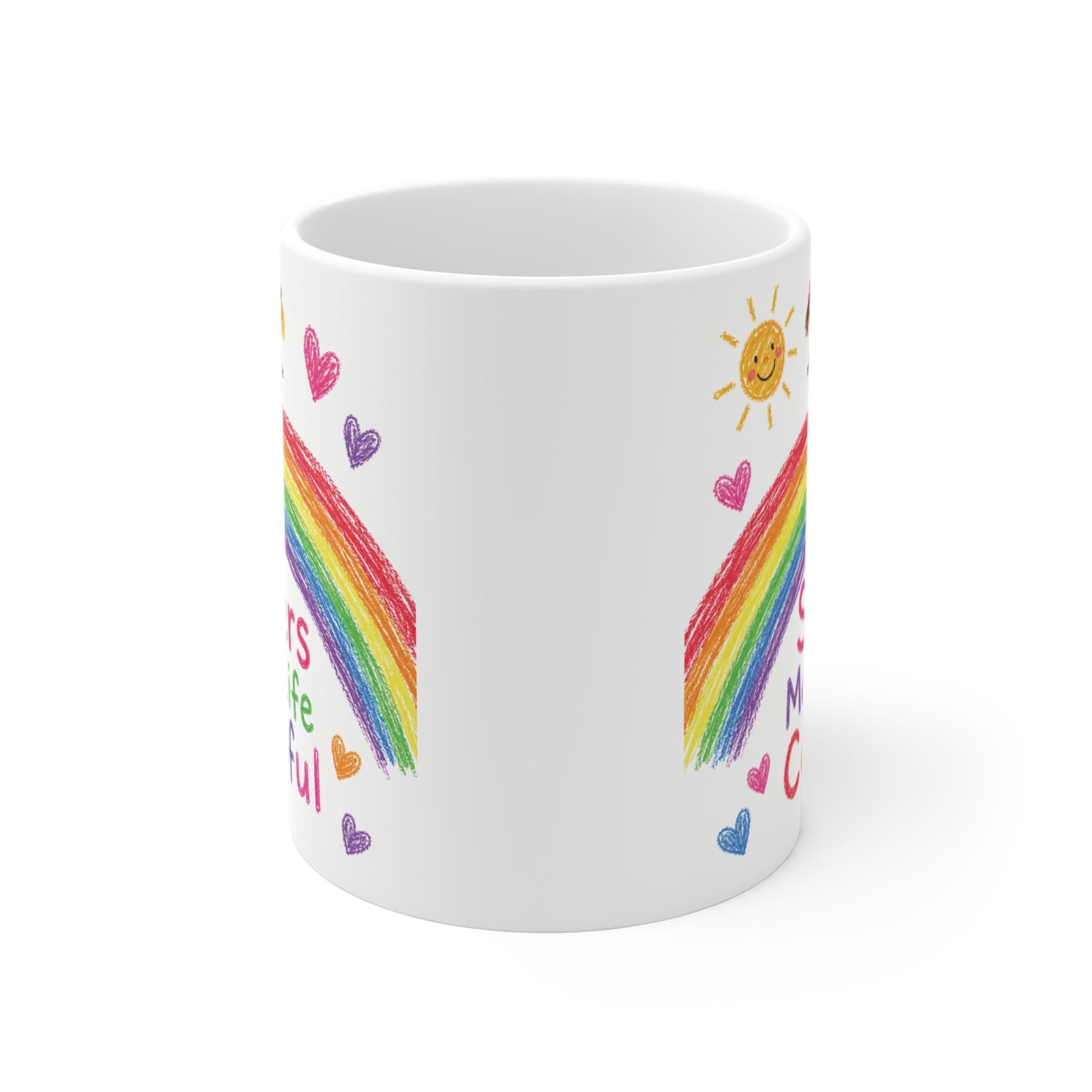 Cute rainbow sister coffee mug with colorful artwork and "Sisters Make Life Colorful" message, perfect as a birthday or Christmas gift.