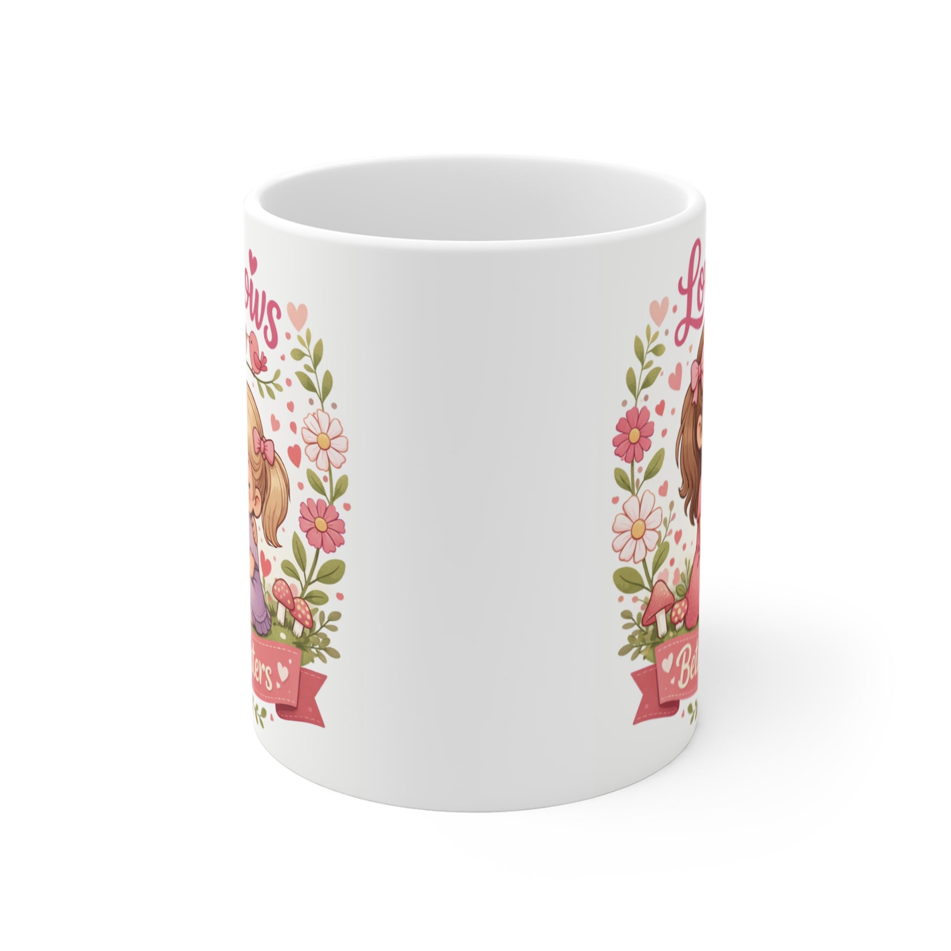 "Love Grows Between Sisters" coffee mug showing a charming cartoon design of two sisters cuddling, surrounded by pink flowers, hearts, and birds—perfect sentimental sister gift.