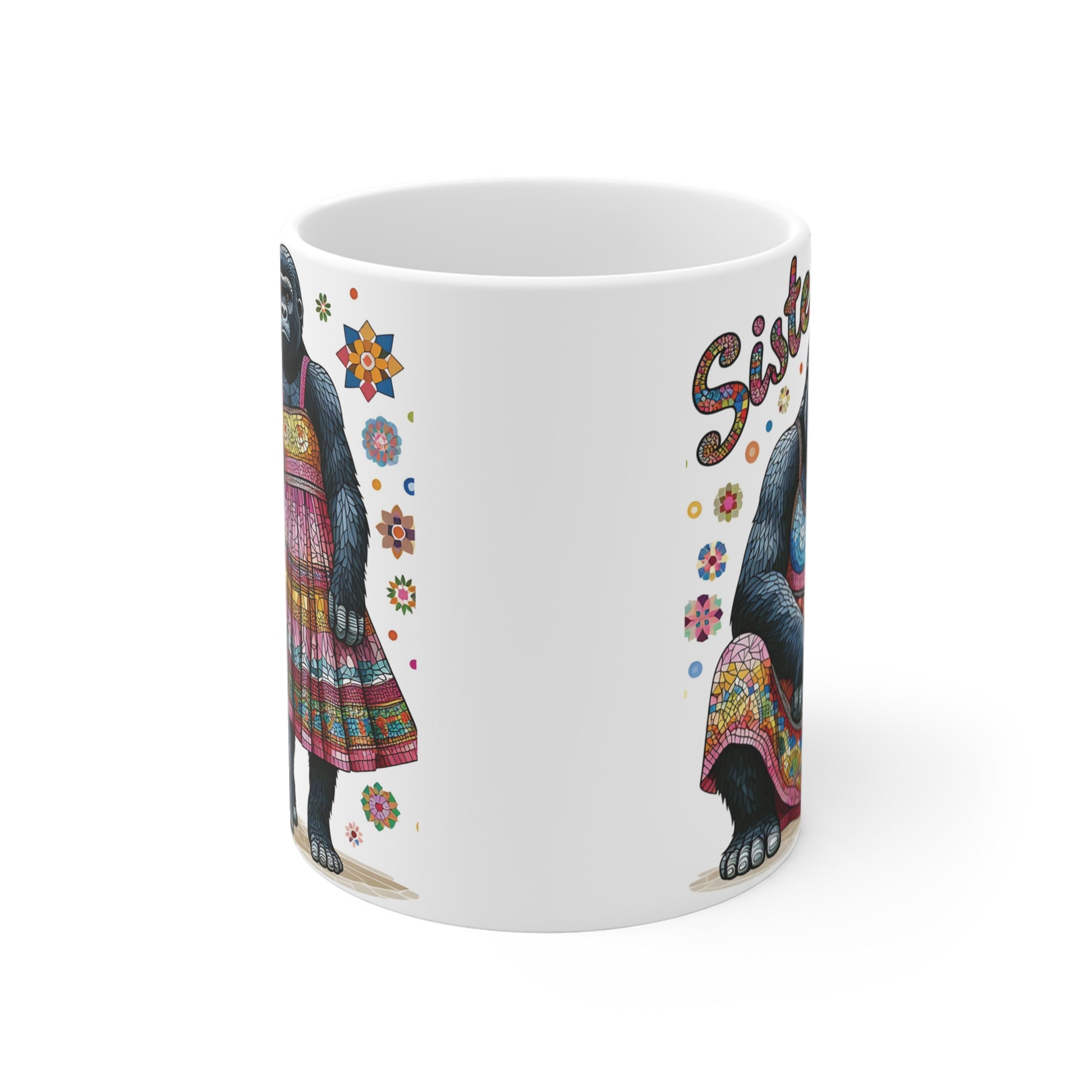 Cute sisters gorilla coffee mug with vibrant stained glass style artwork, floral accents, and playful typography for animal lovers and unique gift ideas.