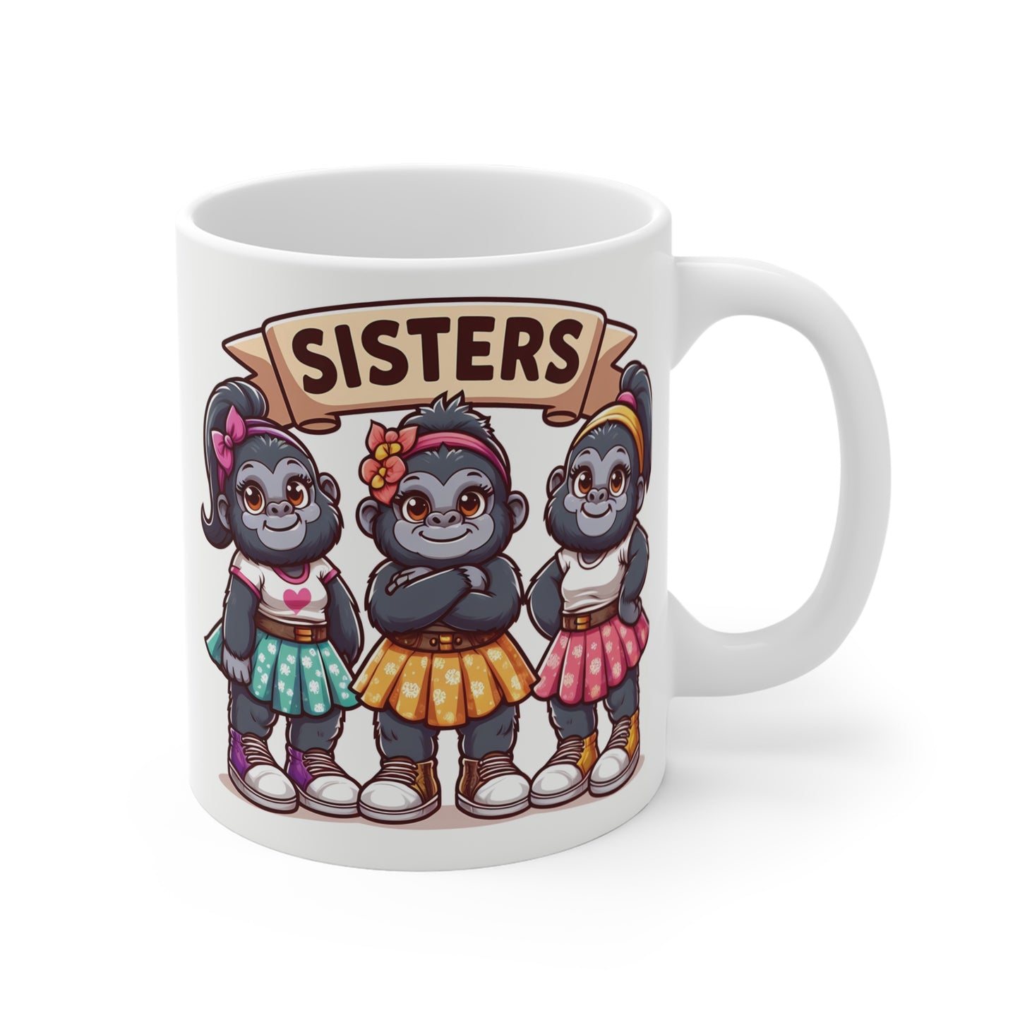 Cute sisters gorilla mug design featuring three cartoon gorilla girls in colorful skirts and sneakers with “SISTERS” banner on white ceramic coffee mug.