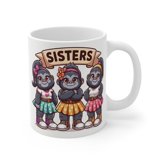Cute sisters gorilla mug design featuring three cartoon gorilla girls in colorful skirts and sneakers with “SISTERS” banner on white ceramic coffee mug.